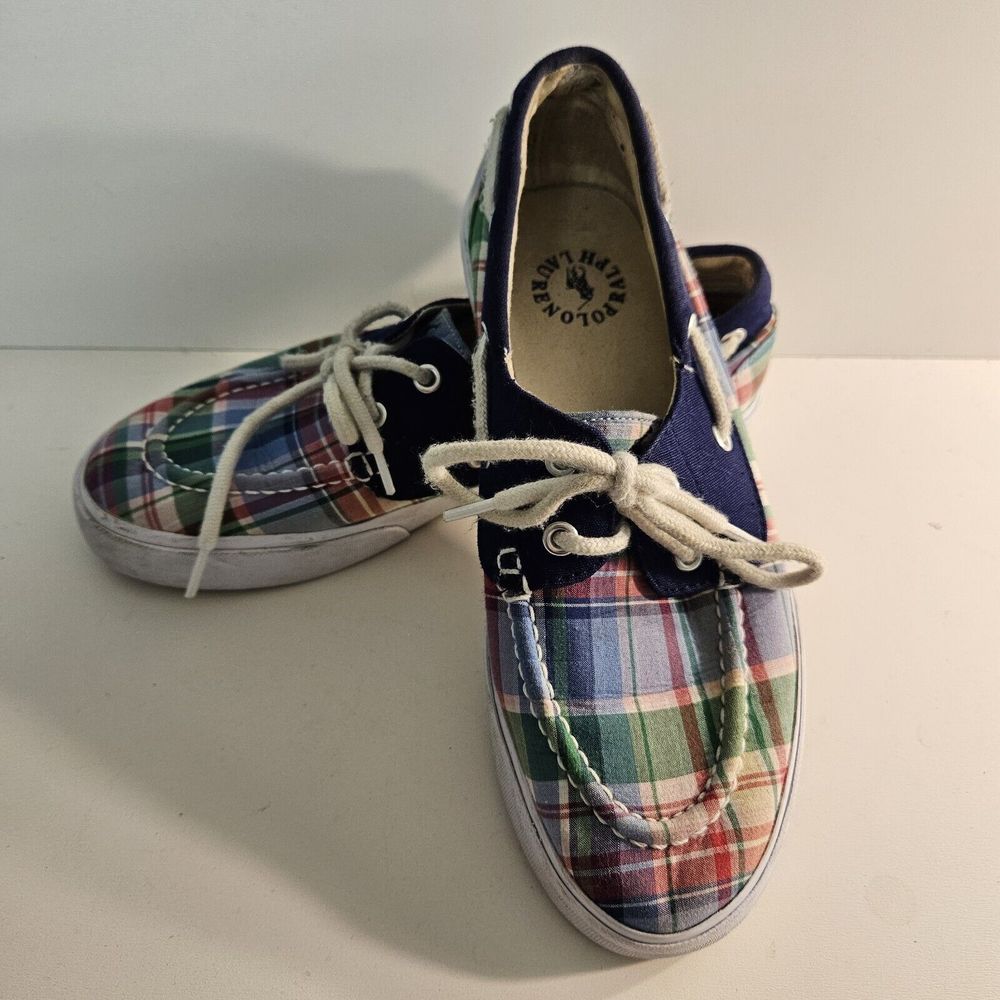 Polo Ralph Lauren Size 7 LILIA Madras Plaid‎ Canvas Nautical Boat Deck Shoes